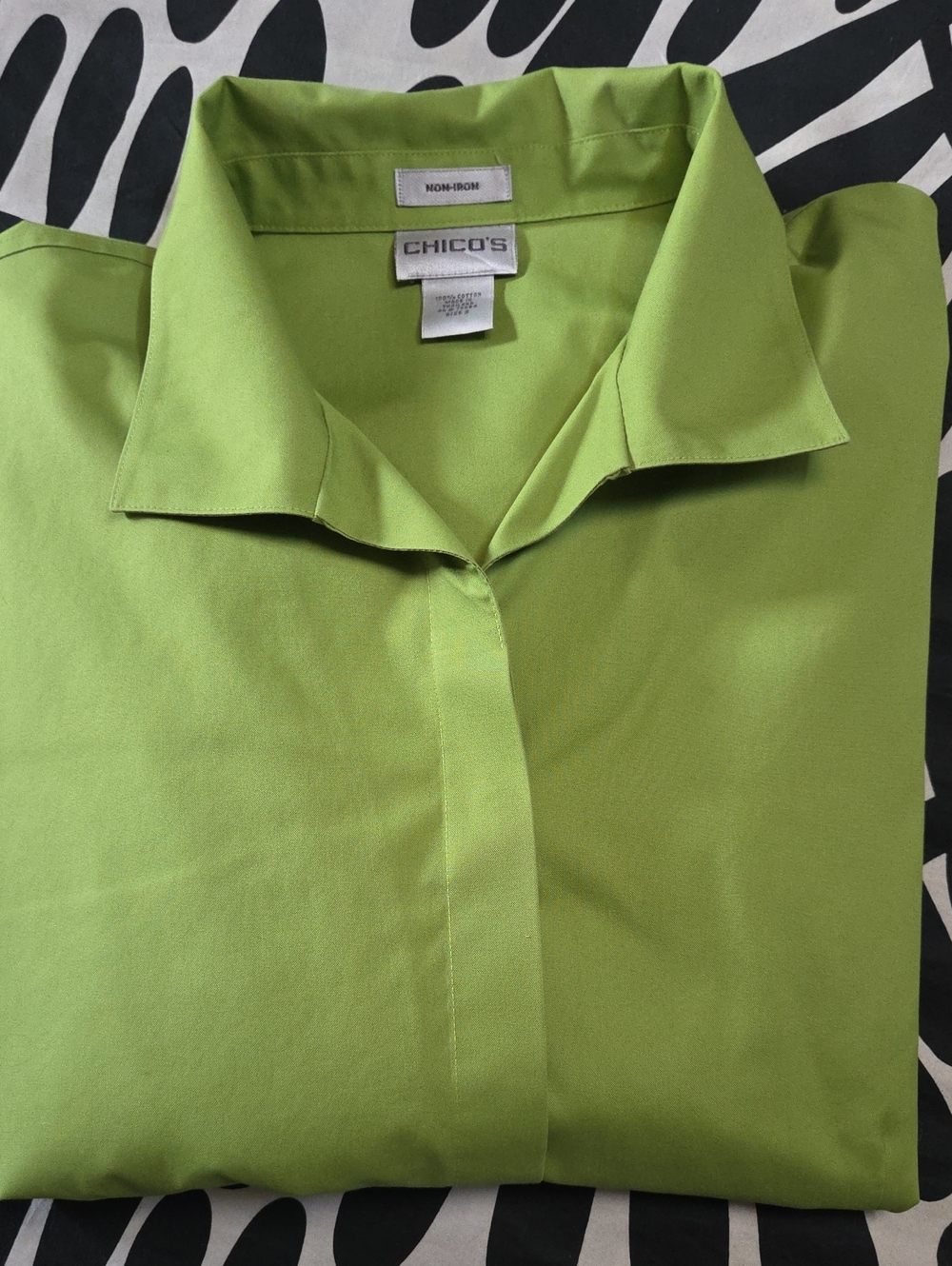 Chico's Crisp Bright Lime Green, No-Iron Button-Down Shirt, Covered Placket